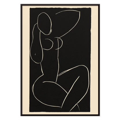 Henri Matisse Seated Nude with Crossed Legs I poster minimalist black and white nude line drawing on dark background, with black aluminium frame on white background