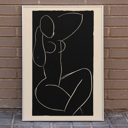 Henri Matisse Seated Nude with Crossed Legs I poster minimalist black and white nude line drawing on dark background, framed and displayed in home decor