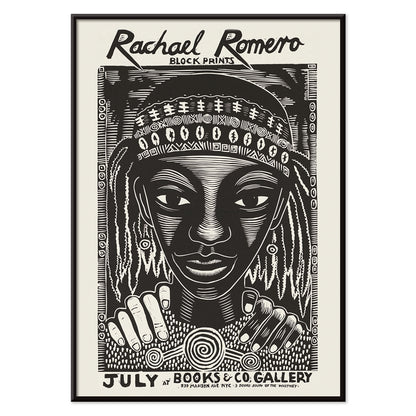 Black and white portrait block print poster with intricate patterns by Rachael Romero at Books and Co gallery, with black aluminium frame on white background