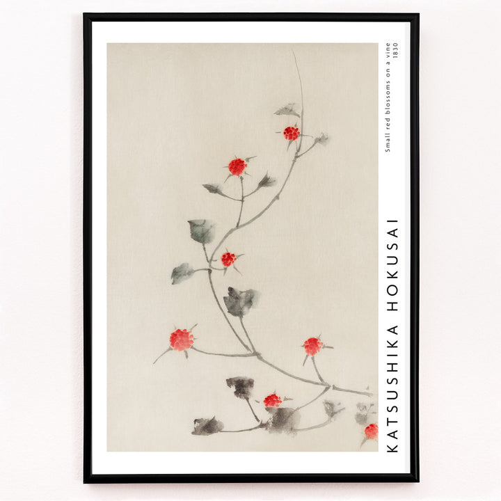 Closeup detail of Small Red Blossoms on a Vine artwork by Katsushika Hokusai featuring delicate red flowers and green leaves on a light background