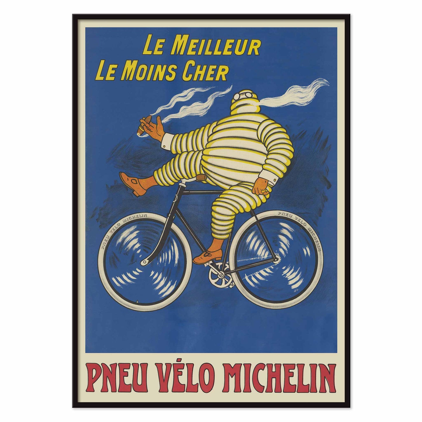 Marius Rossillon Michelin bicycle tire poster with striped cyclist riding bicycle on blue background with yellow text, with black aluminium frame on white background