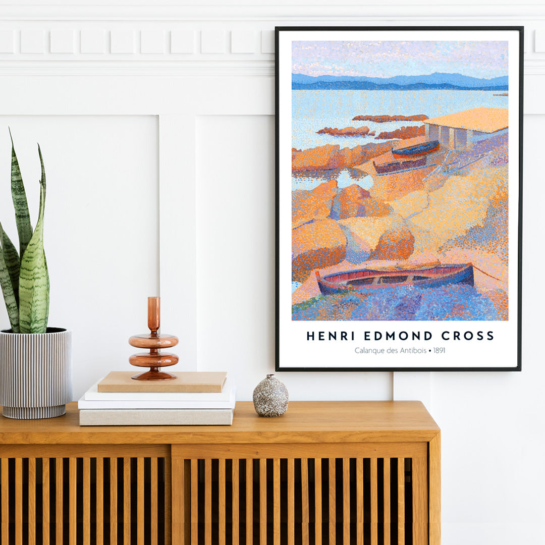 Colorful boats on rocky coastline with sea and mountains Calanque des Antibois painting by Henri Edmond Cross, framed and displayed in home decor