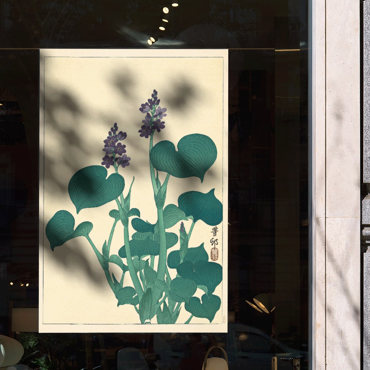 Botanical illustration and poster of green hosta plant with purple flowers by Ohara Koson in Japanese botanical art style, framed and displayed in modern living room decor