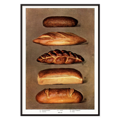 Vintage illustration and poster of assorted bread loaves from The Grocers Encyclopedia classic artwork, with black aluminium frame on white background
