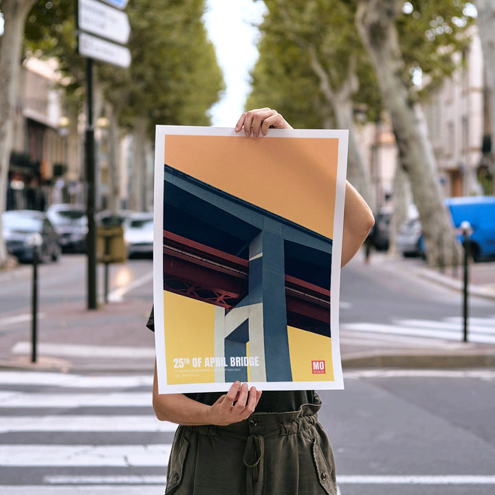 Abstract poster of 25th of April Bridge Lisbon by Mo Art Gallery with bold geometric design, framed and displayed in modern living room decor