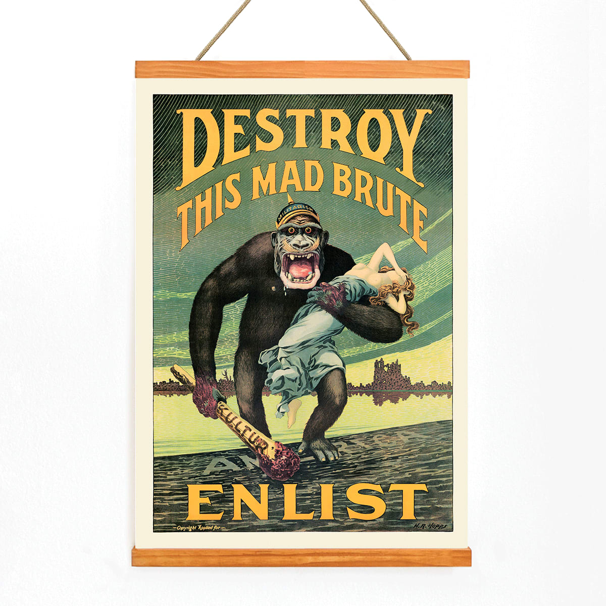 Destroy this mad brute by Harry Ryle Hopps poster featuring a gorilla holding a woman and a club labeled Kultur with enlistment message, with wooden magnetic frame on white background