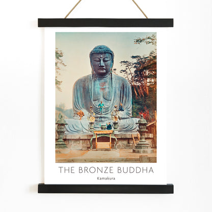 Bronze Buddha at Kamakura by Kazumasa Ogawa large outdoor statue with trees and altar in background, with wooden magnetic frame on white background