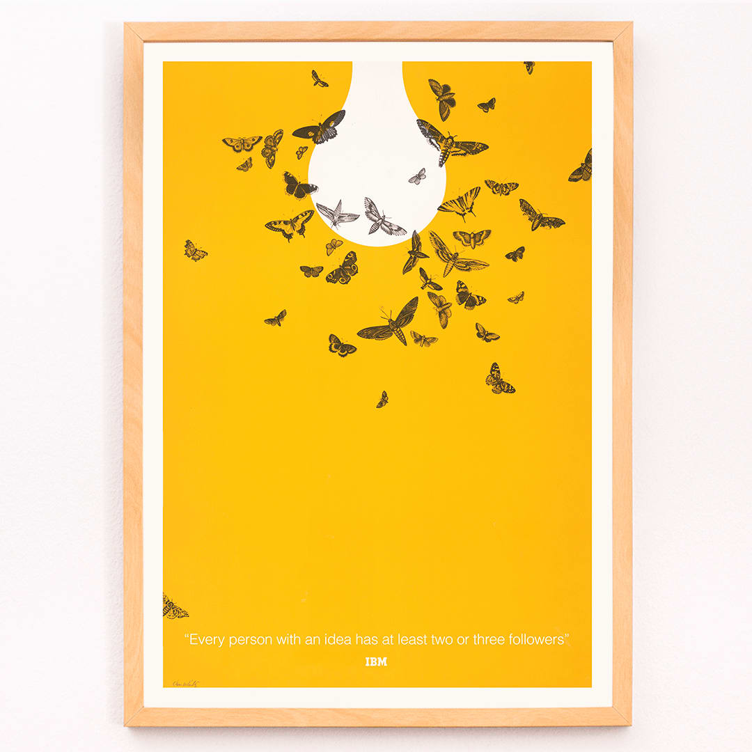 Ken White artwork Every person with an idea has at least two or three followers featuring butterflies attracted to a light bulb poster, framed and displayed in modern living room decor