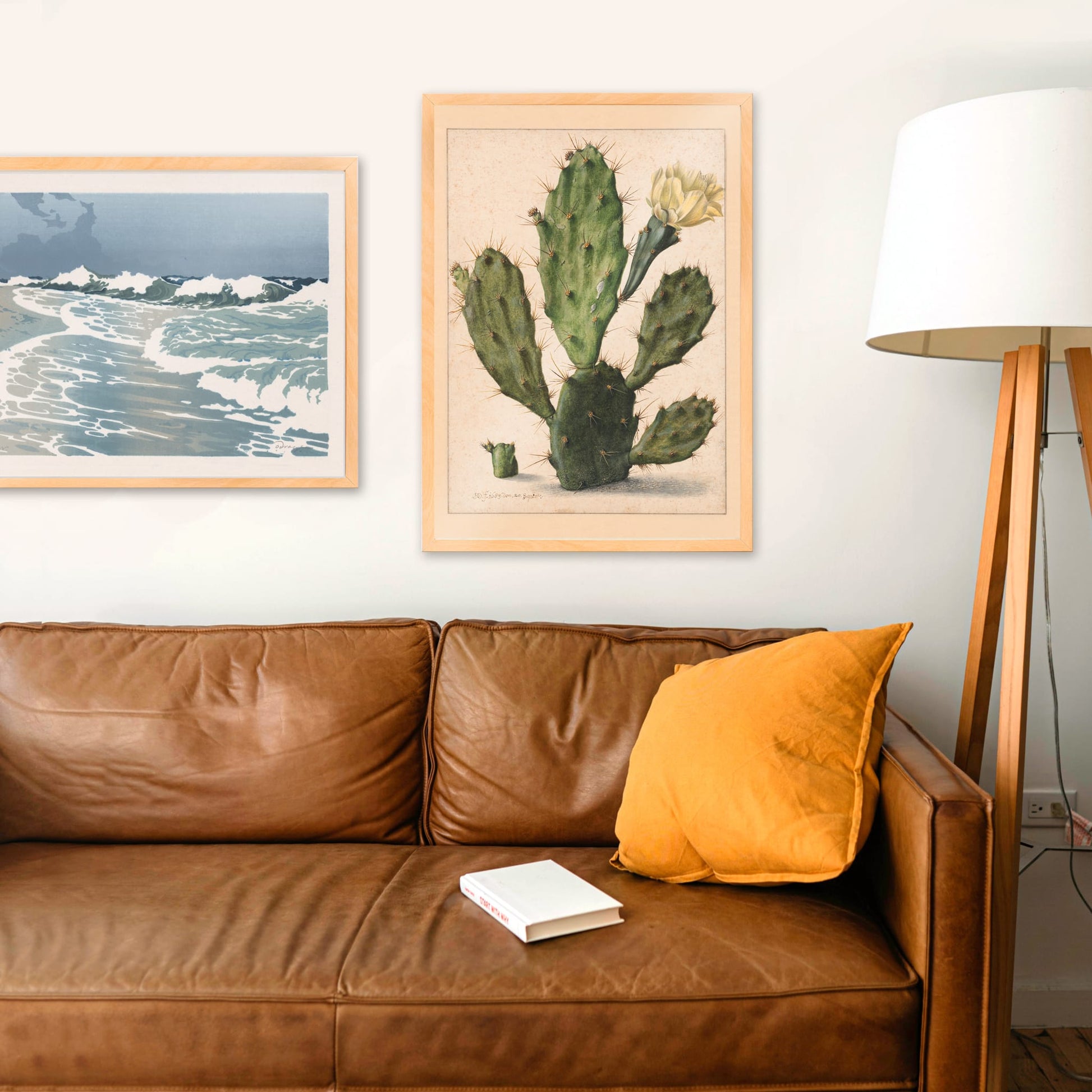 Pear Cactus in Bloom by Herman Saftleven botanical illustration and poster featuring a green cactus with a yellow flower on a neutral background, framed and displayed in home decor