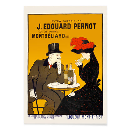 Man and woman sitting at a cafe table enjoying drinks artwork by Leonetto Cappiello Montbeliard poster with bottles displayed, with black aluminium frame on white background
