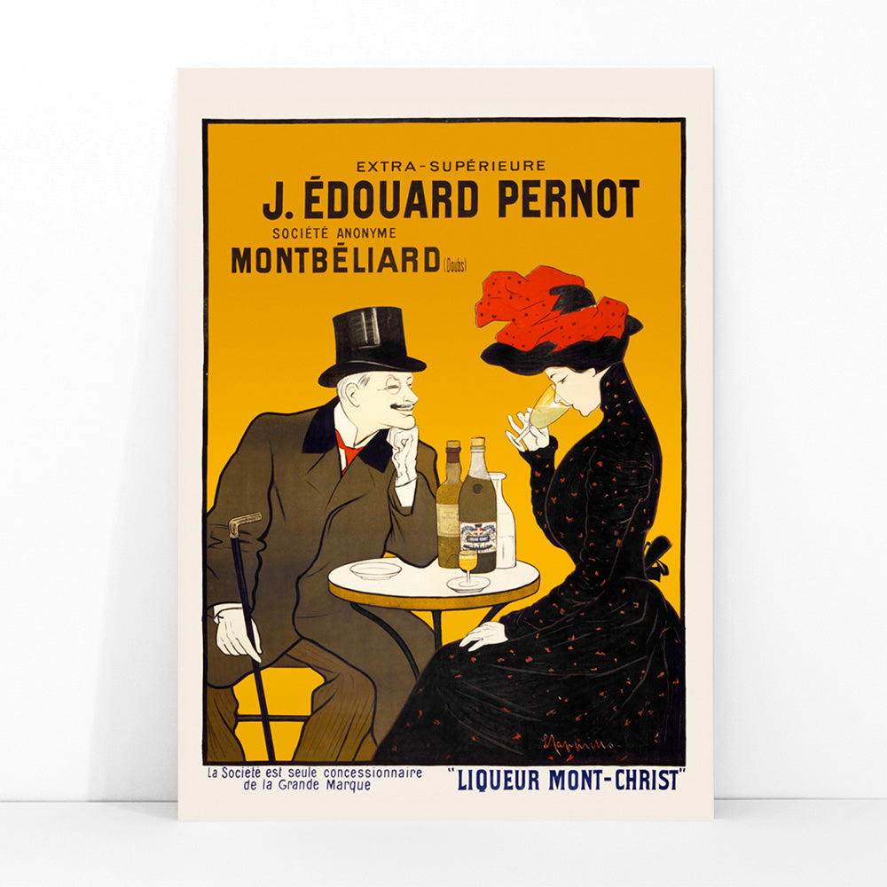 Man and woman sitting at a cafe table enjoying drinks artwork by Leonetto Cappiello Montbeliard poster with bottles displayed, framed and displayed in modern living room decor