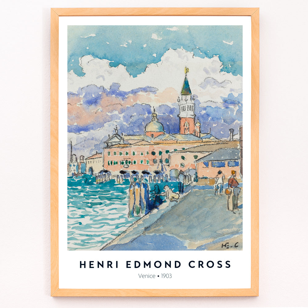 Closeup detail of Venice waterfront artwork by Henri Edmond Cross featuring vibrant historic buildings and colorful sky poster