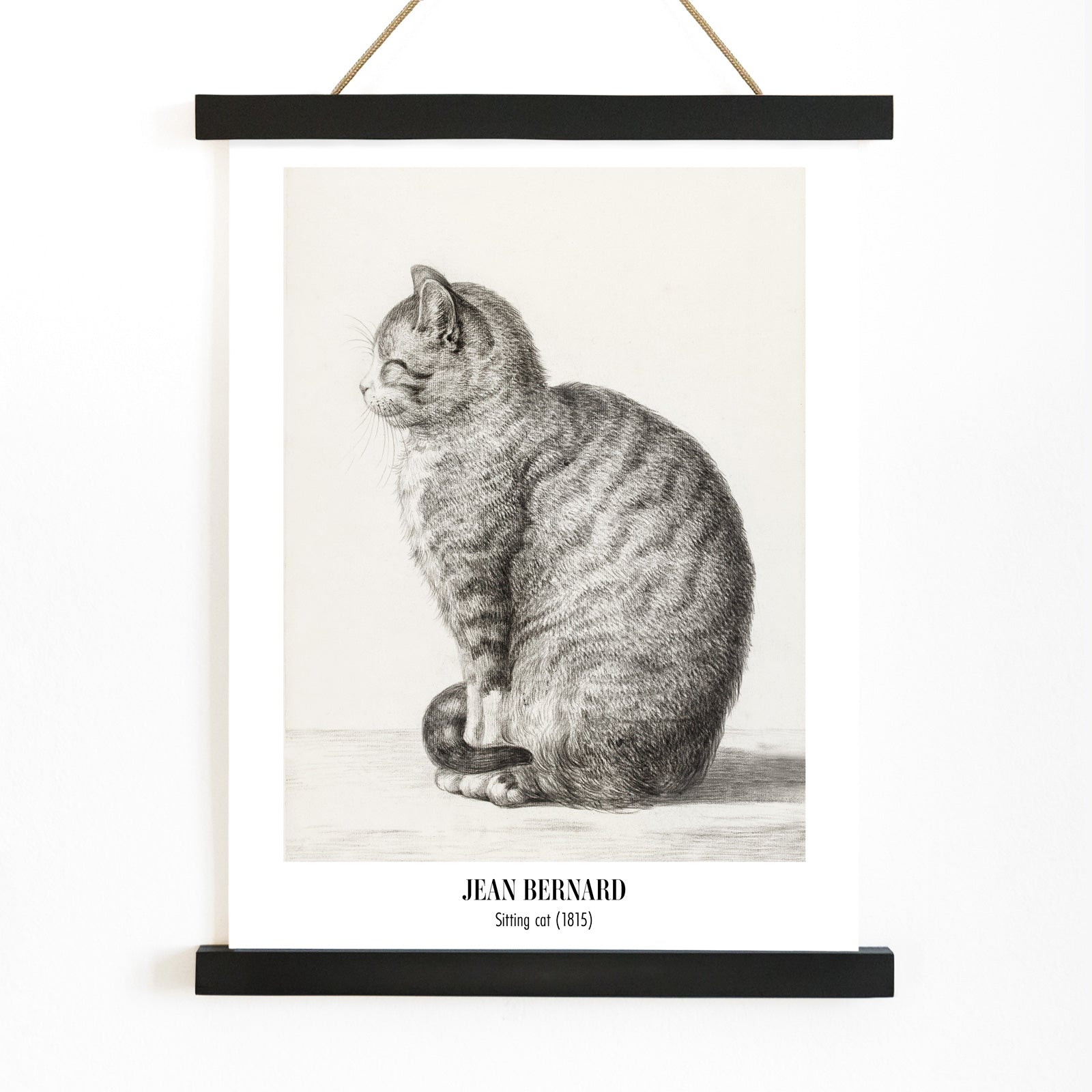 Detailed drawing of a sitting cat by Jean Bernard titled Sitting cat poster for home or office decor, with wooden magnetic frame on white background