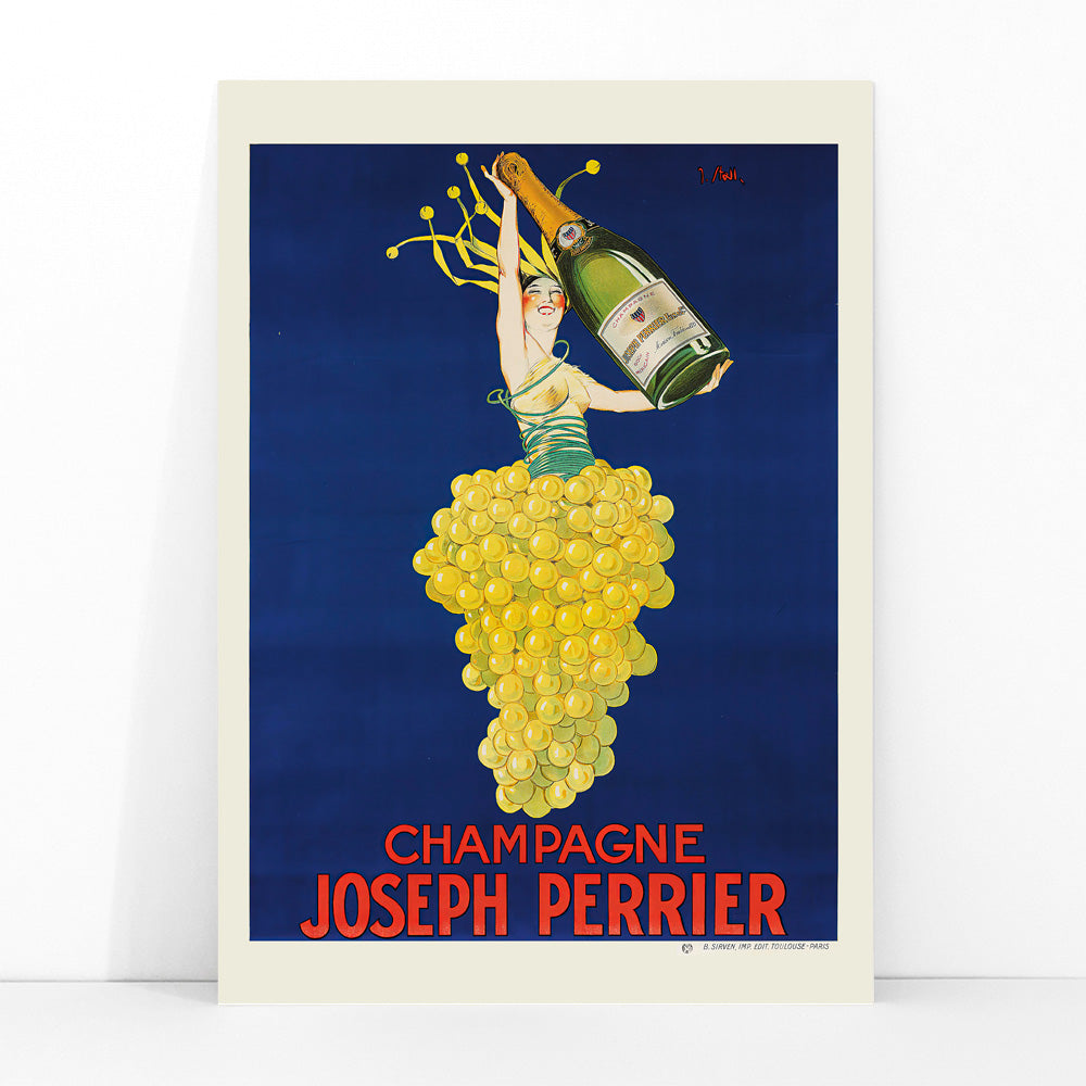 Woman in grape dress holding champagne bottle on blue background Champagne Joseph Perrier poster artwork by Joseph Stall, framed and displayed in modern living room decor