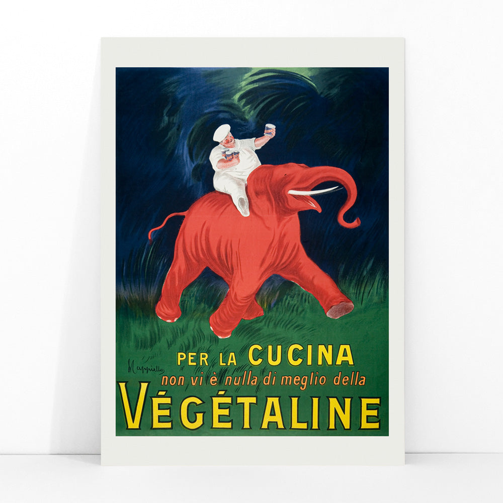 Vintage poster of chef riding a red elephant with bold Vegetaline text artwork by Leonetto Cappiello vibrant style, framed and displayed in modern living room decor