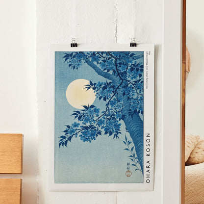 Cherry blossoms and full moon by Ohara Koson poster showing cherry tree in full bloom under moon Blossoming Cherry on a Moonlit Night, framed and displayed in home decor