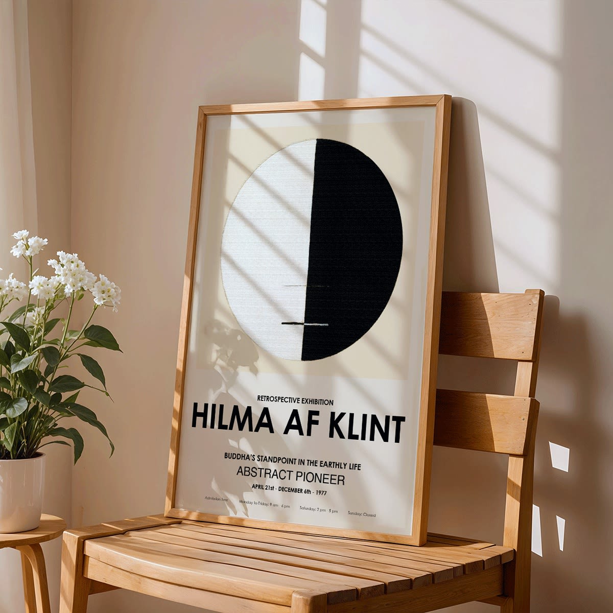 Exhibition poster Buddhas Standpoint in the Earthly Life by Hilma Af Klint featuring abstract black and white circle design artwork, framed and displayed in home decor