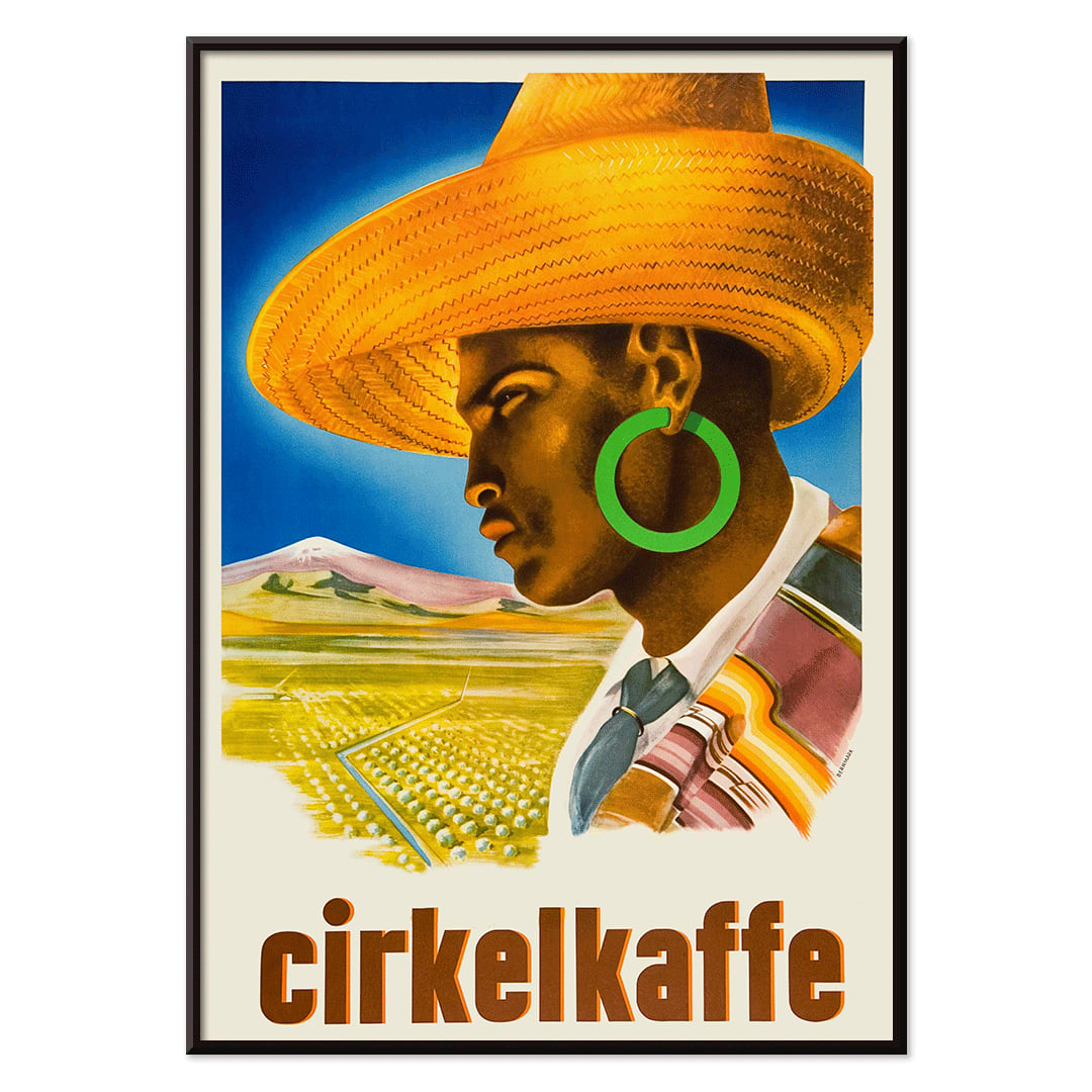 Cirkelkaffe by J Olsens poster featuring a person in a large hat with green earrings and a scenic landscape agricultural background, with black aluminium frame on white background