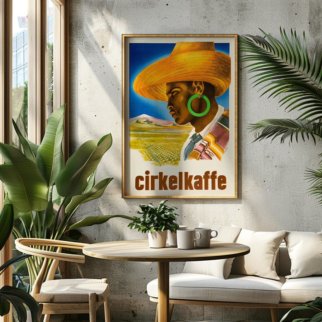 Cirkelkaffe by J Olsens poster featuring a person in a large hat with green earrings and a scenic landscape agricultural background, framed and displayed in home decor