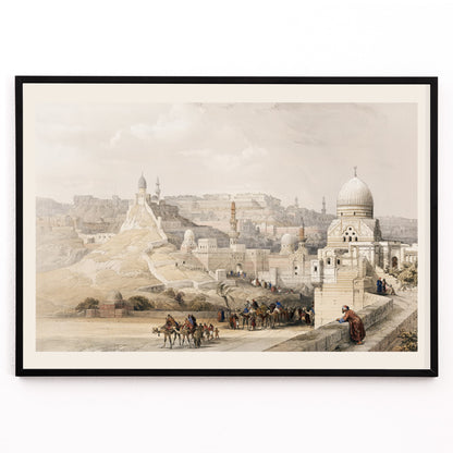 Closeup detail of Historic view and poster of the Citadel of Cairo residence of Mehemet Ali with people camels and historical architecture by artist David Roberts