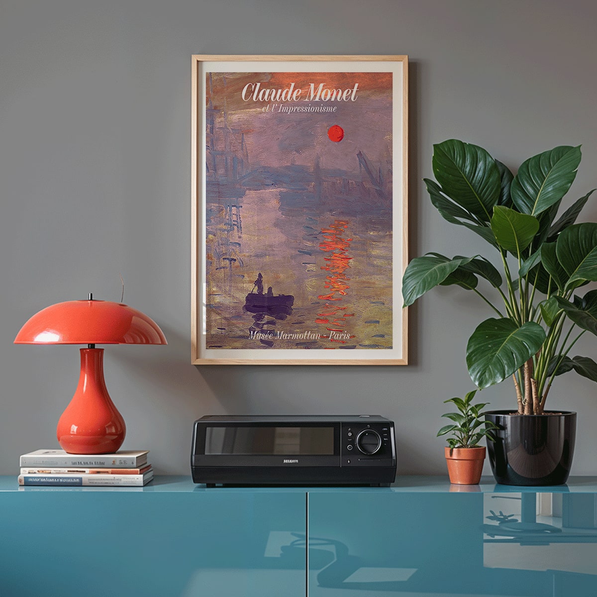 Claude Monet Soleil Levan exhibition poster vibrant impressionist artwork with red sun over water, framed and displayed in home decor
