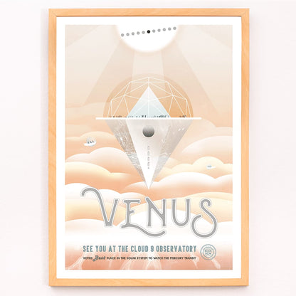 Futuristic observatory floating above orange Venus clouds artwork by NASA titled Venus Cloud 9 Observatory poster, framed and displayed in modern living room decor