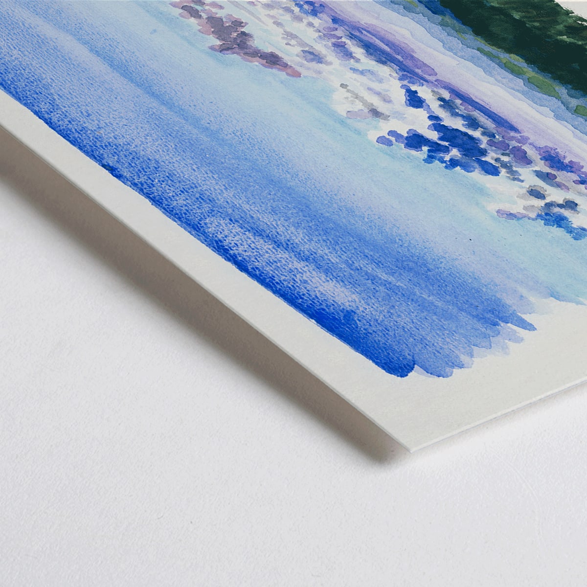 Closeup detail of Watercolor landscape painting and abstract poster of blue sky and forest by Karl Wiener titled Naturstudie XXVII