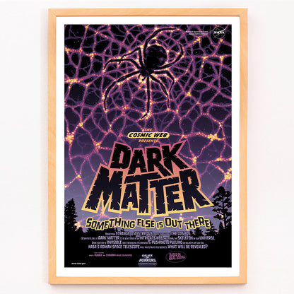 NASA Dark Matter poster featuring a cosmic web and spider silhouette with vibrant colors and text reading Dark Matter Something Else is Out There, framed and displayed in modern living room decor