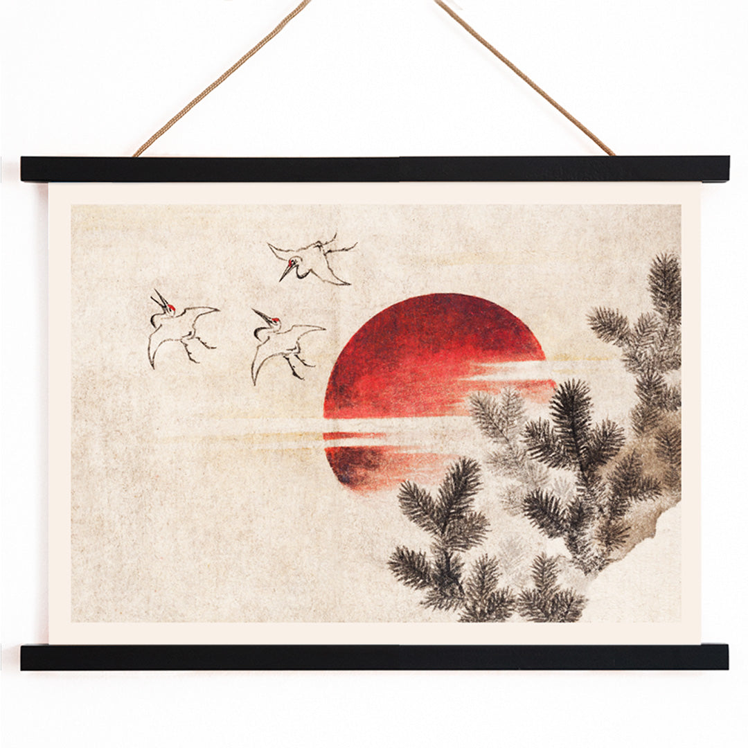 Cranes and birds flying near a red sun with pine branches inspired by Birds and Sunset by Katsushika Hokusai Japanese art poster, with wooden magnetic frame on white background