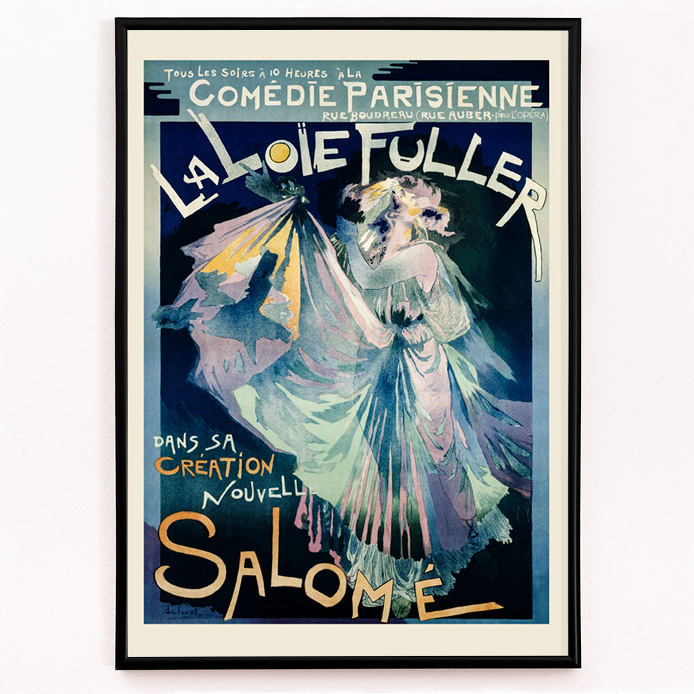 Closeup detail of Poster of Comedie Parisienne featuring Loie Fuller by Georges de Feure colorful dancer in flowing dress artwork