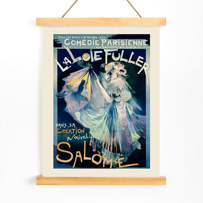 Poster of Comedie Parisienne featuring Loie Fuller by Georges de Feure colorful dancer in flowing dress artwork, with wooden magnetic frame on white background