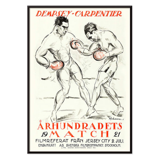 Boxing Match of the Century Dempsey Vs Carpentier illustration and poster by Eric Rohman showing two boxers mid fight with Swedish text, with black aluminium frame on white background