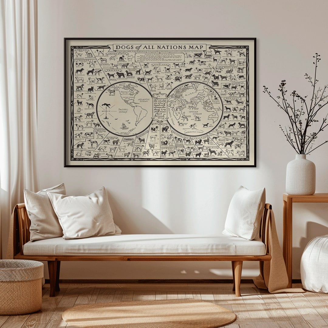 Dogs of All Nations Map by Frantz E illustrated poster featuring various dog breeds from around the world, framed and displayed in home decor