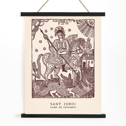 Sant Jordi slaying a dragon on horseback medieval artwork and poster knight with spear Patro de Catalunya, with wooden magnetic frame on white background