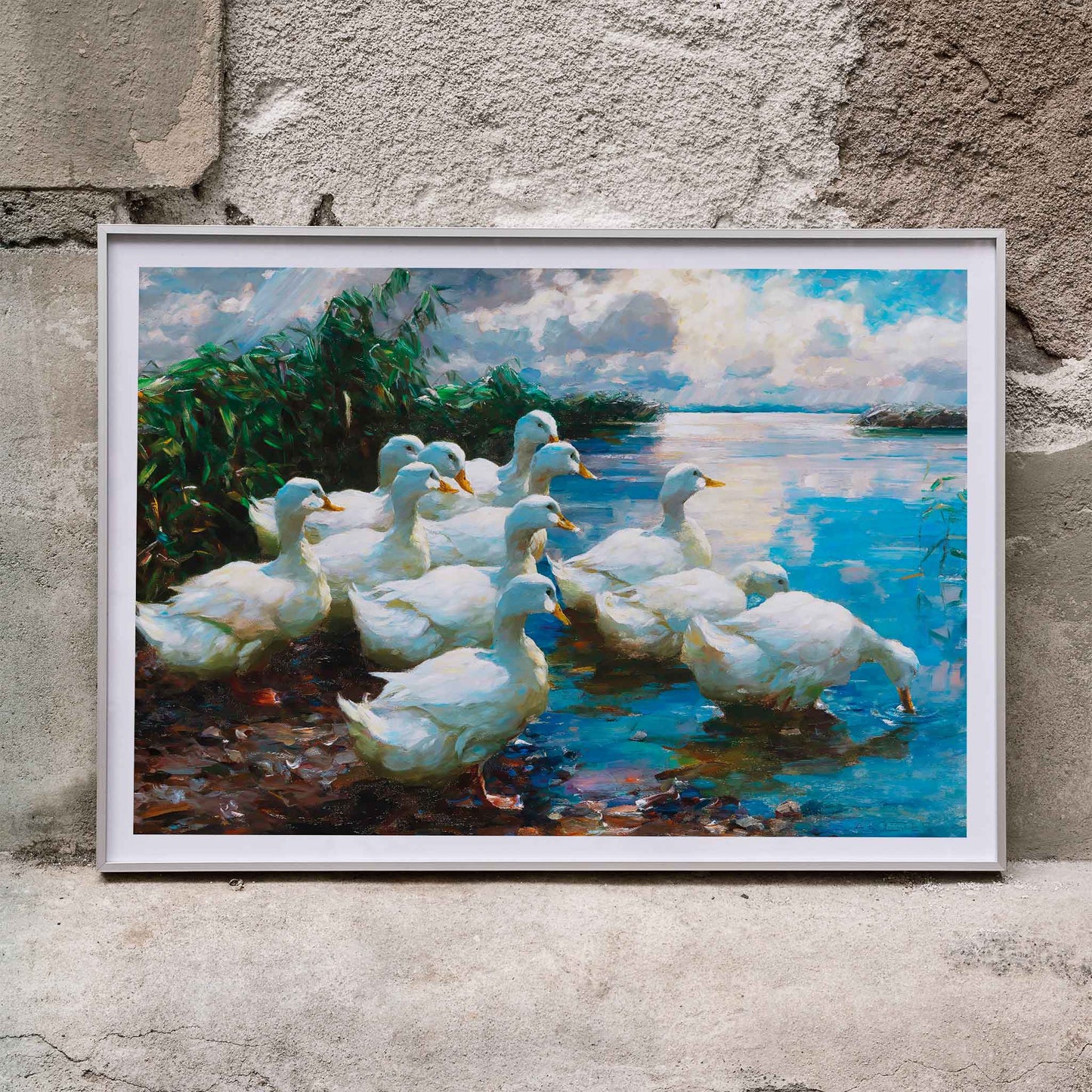 White ducks by a lake with greenery and blue sky artwork inspired by Alexander Koester, framed and displayed in home decor