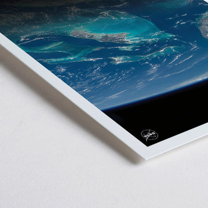 Closeup detail of Earth from Space 2 by NASA showing a stunning satellite image of blue oceans continents and clouds