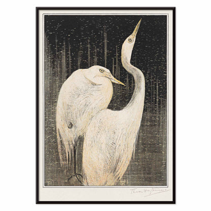 Two white herons depicted in artwork Twee zilverreigers by Theo van Hoytema poster suitable for wall decor against a dark background, with black aluminium frame on white background