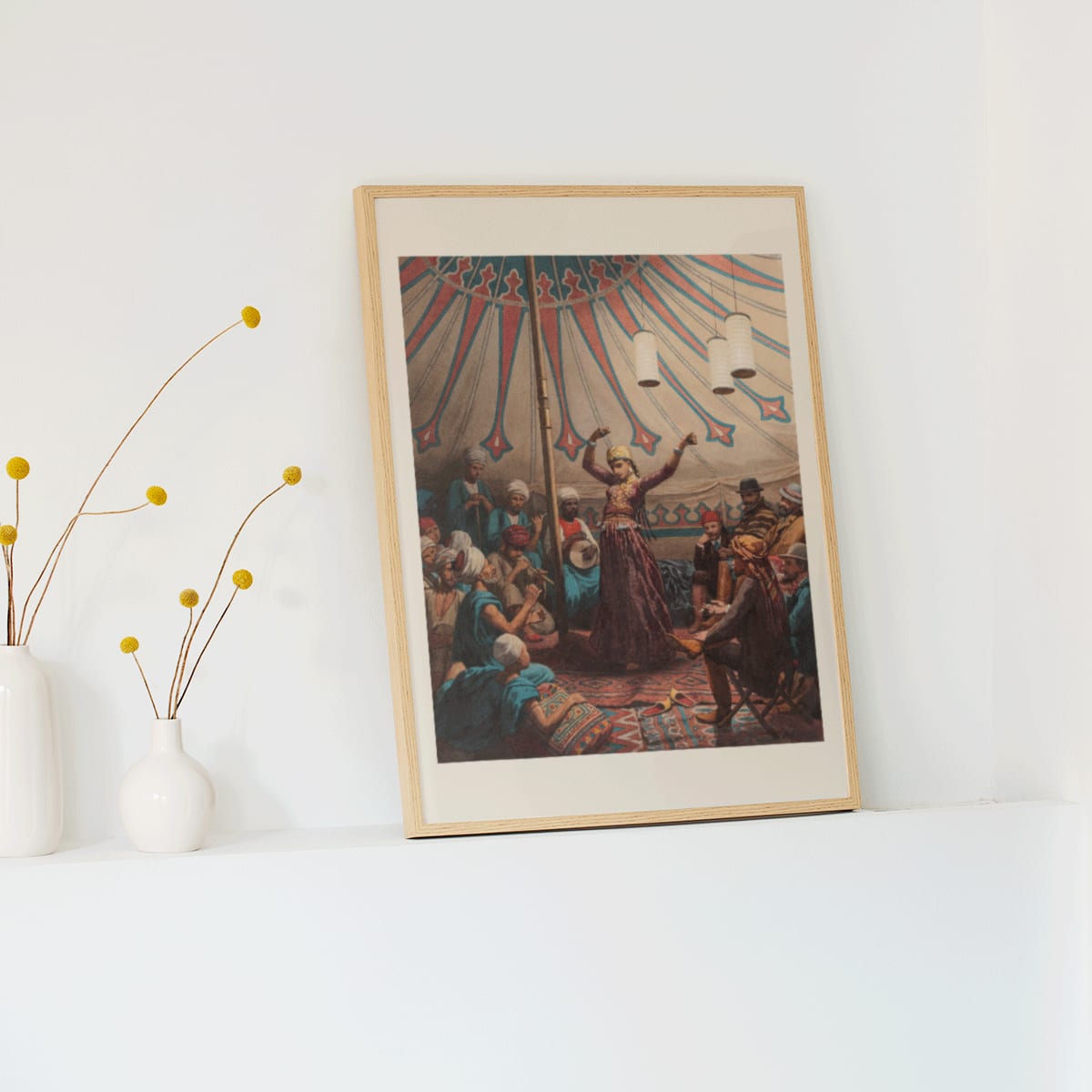 Egyptian dancer performing in a tent with musicians and spectators poster artwork by Willem de Famars Testas, framed and displayed in modern living room decor