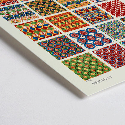 Closeup detail of Colorful Egyptian geometric patterns artwork Egyptian 7 by Owen Jones from Century Grammar of Ornament book vibrant poster design