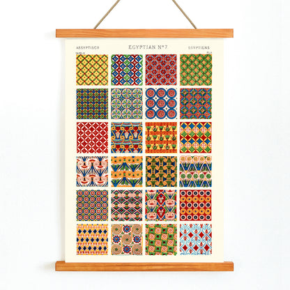 Colorful Egyptian geometric patterns artwork Egyptian 7 by Owen Jones from Century Grammar of Ornament book vibrant poster design, with wooden magnetic frame on white background