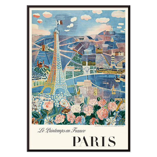 Le Printemps en France by Raoul Dufy Paris Eiffel Tower and flowers artwork poster, with black aluminium frame on white background