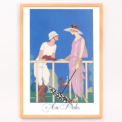 Closeup detail of Elegant couple and elegantly dressed man and woman at a polo match fashion illustration and artwork Au Polo by George Barbier