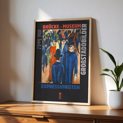 Colorful Berlin Street Scene at Brücke Museum by Ernst Kirchner featuring people in vibrant attire and expressionist artwork poster, framed and displayed in modern living room decor