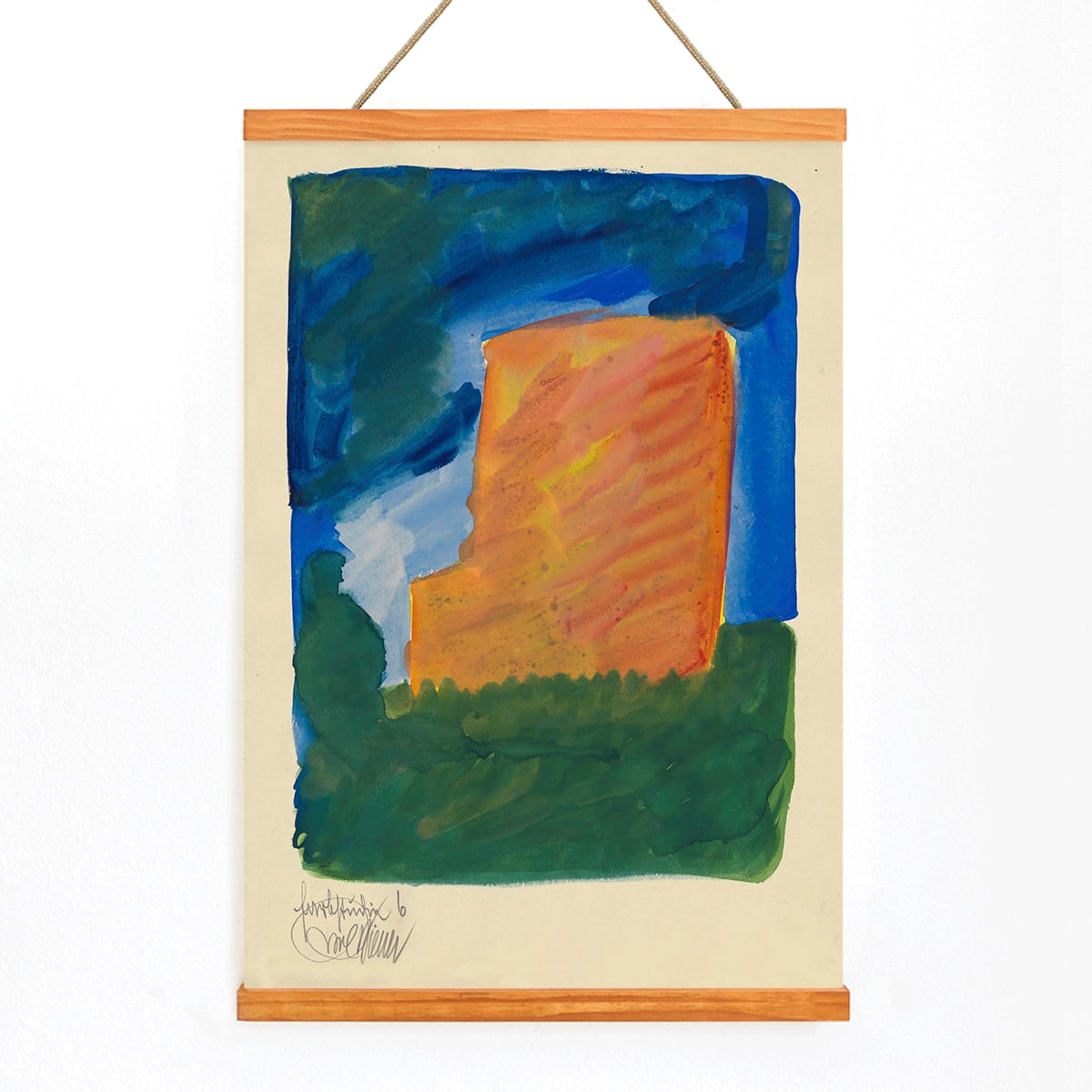 Abstract painting with vibrant blue and orange hues by Karl Wiener titled Farbstudien 10 Blätter VI poster, with wooden magnetic frame on white background