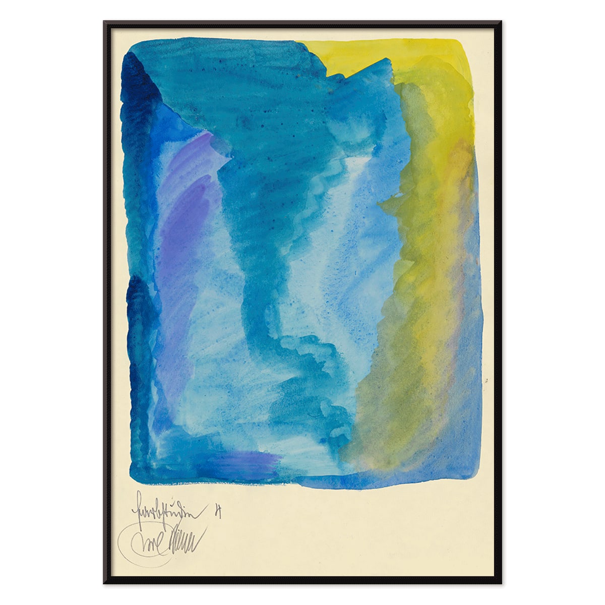Abstract watercolor poster with vivid blue yellow green and purple tones titled Farbstudien 10 Blätter IV by Karl Wiener, with black aluminium frame on white background