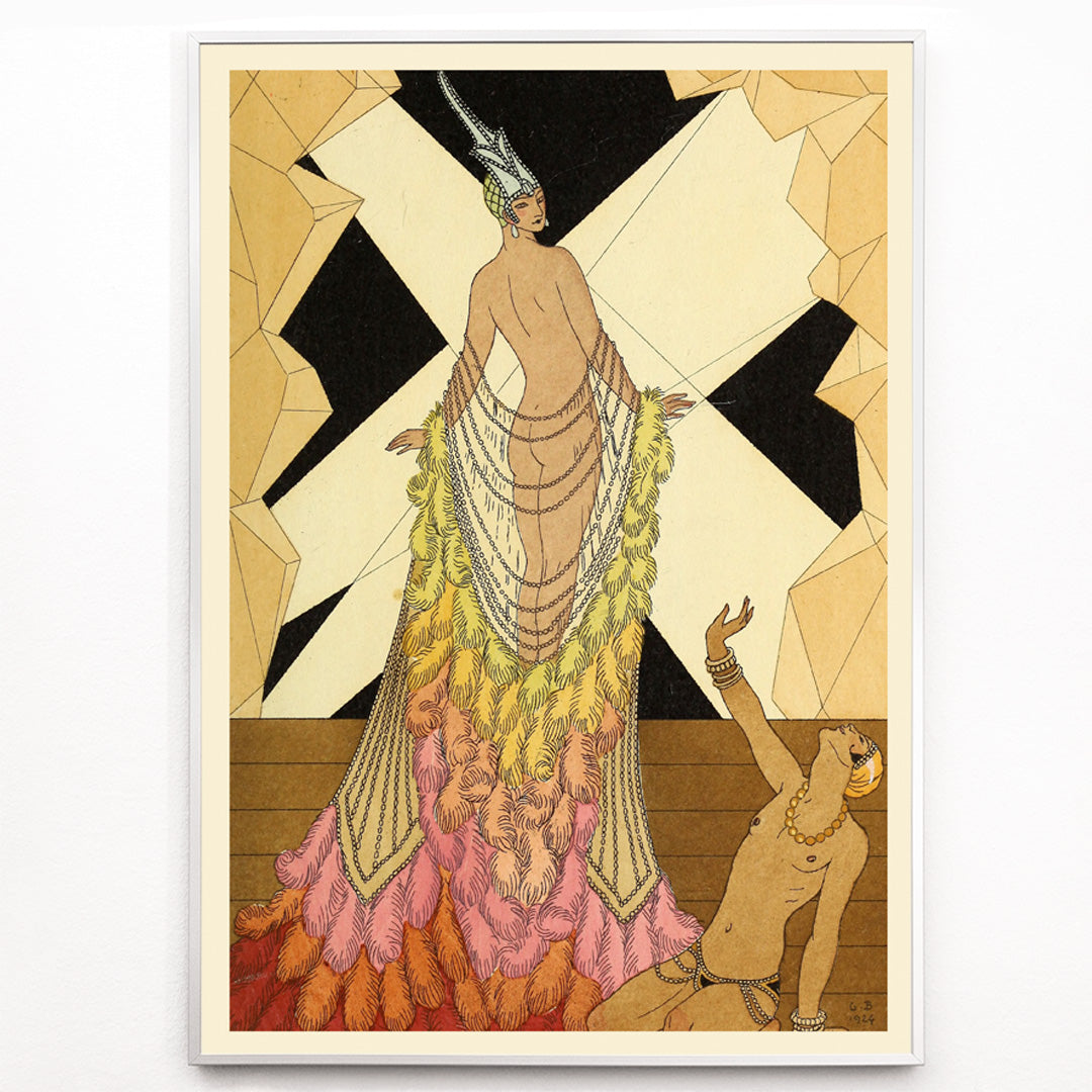 Closeup detail of Art deco illustration and poster of elegant woman in feathered gown with kneeling figure inspired by Falbalas et fanfreluches by George Barbier