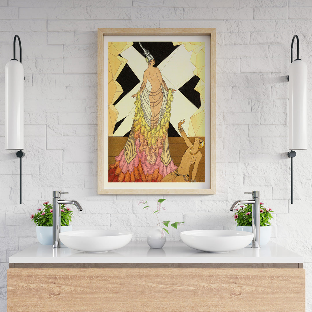 Art deco illustration and poster of elegant woman in feathered gown with kneeling figure inspired by Falbalas et fanfreluches by George Barbier, framed and displayed in home decor