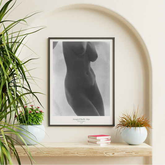 Black and white nude portrait of Georgia O Keeffe Hips by Alfred Stieglitz featuring torso photographic study poster, framed and displayed in home decor