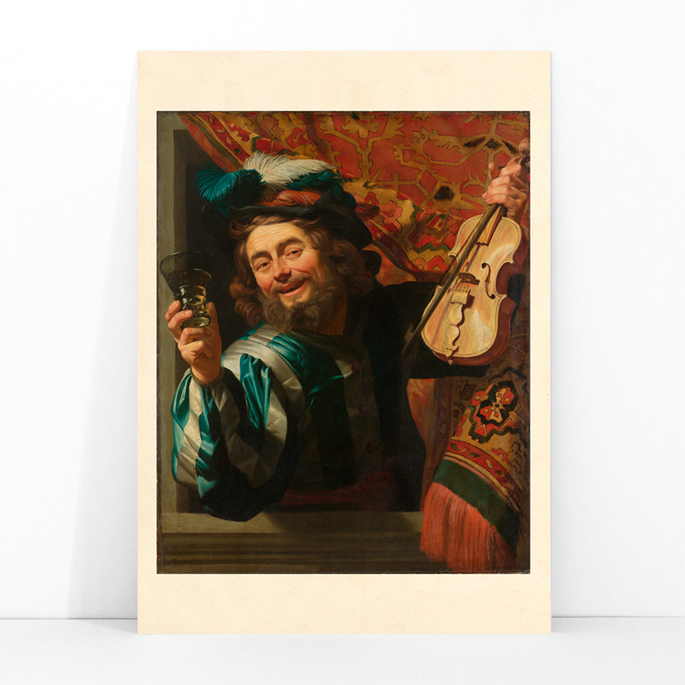 Poster of Gerard van Honthorst The Merry Fiddler cheerful man holding violin and glass by window inspired artwork, framed and displayed in modern living room decor