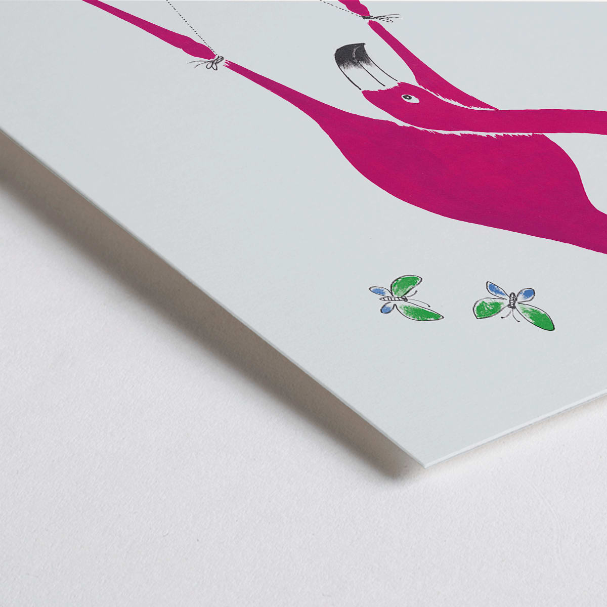 Closeup detail of Pink flamingo holding a swinging book with butterflies and a monkey art poster titled Swing into Books